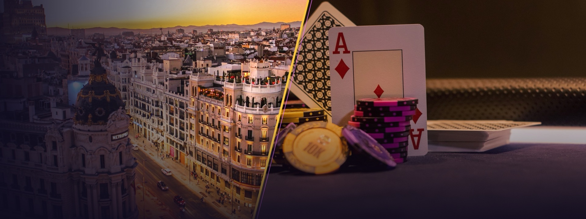 Edificio Metropolis y Gran Via de Madrid al atardecer junto a cartas y fichas de casino sobre una mesa de juego: casino online en Madrid